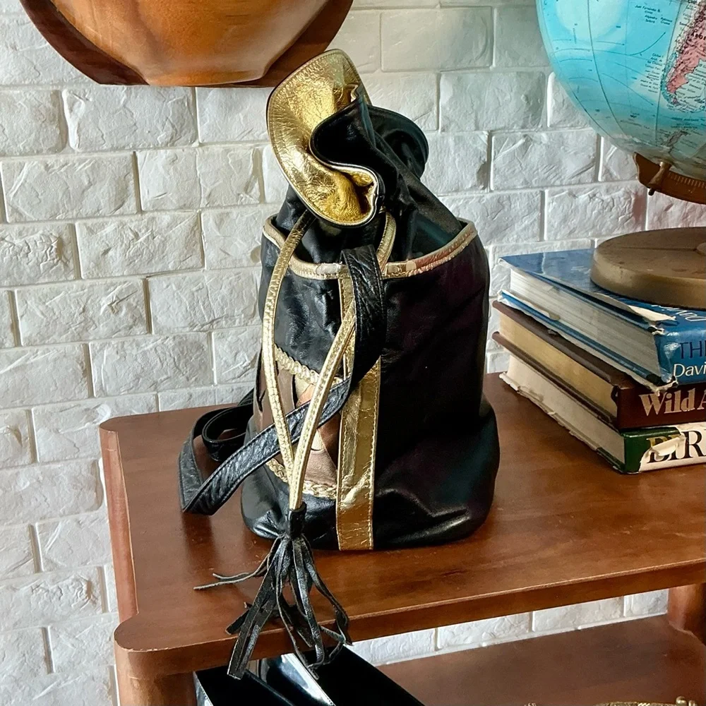 Vintage 1980s 90s Leather Drawstring Bucket Bag Woven Patchwork + Tassel Detail - Picture 9 of 13